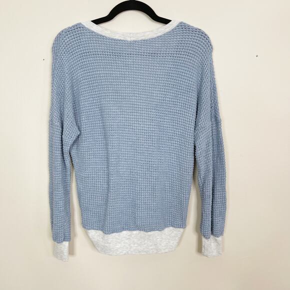 Boutique Womens Small S Blue Waffle Knit VNeck Wrap Sweater Colorblock Gray - Picture 2 of 10